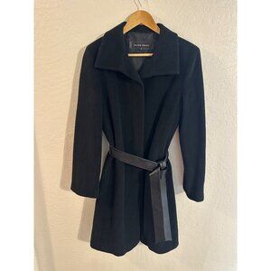 Y Ellen Tracy Black Angora Wool Faux Leather Belted Long Pocketed Peacoat